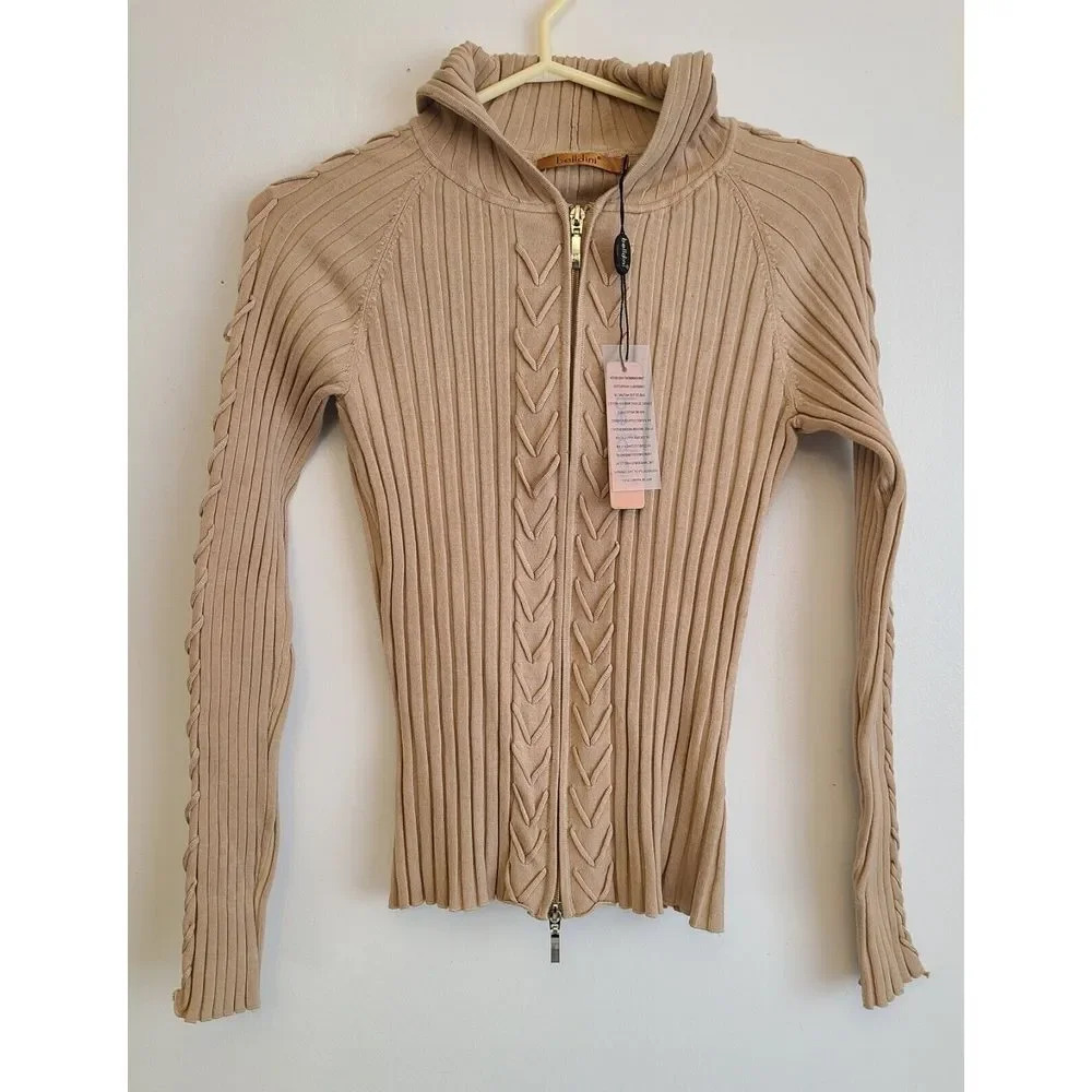 Y2K Belldini Womens Medium Hoodie Long Sleeve Top Beige Stretch Full Zip New